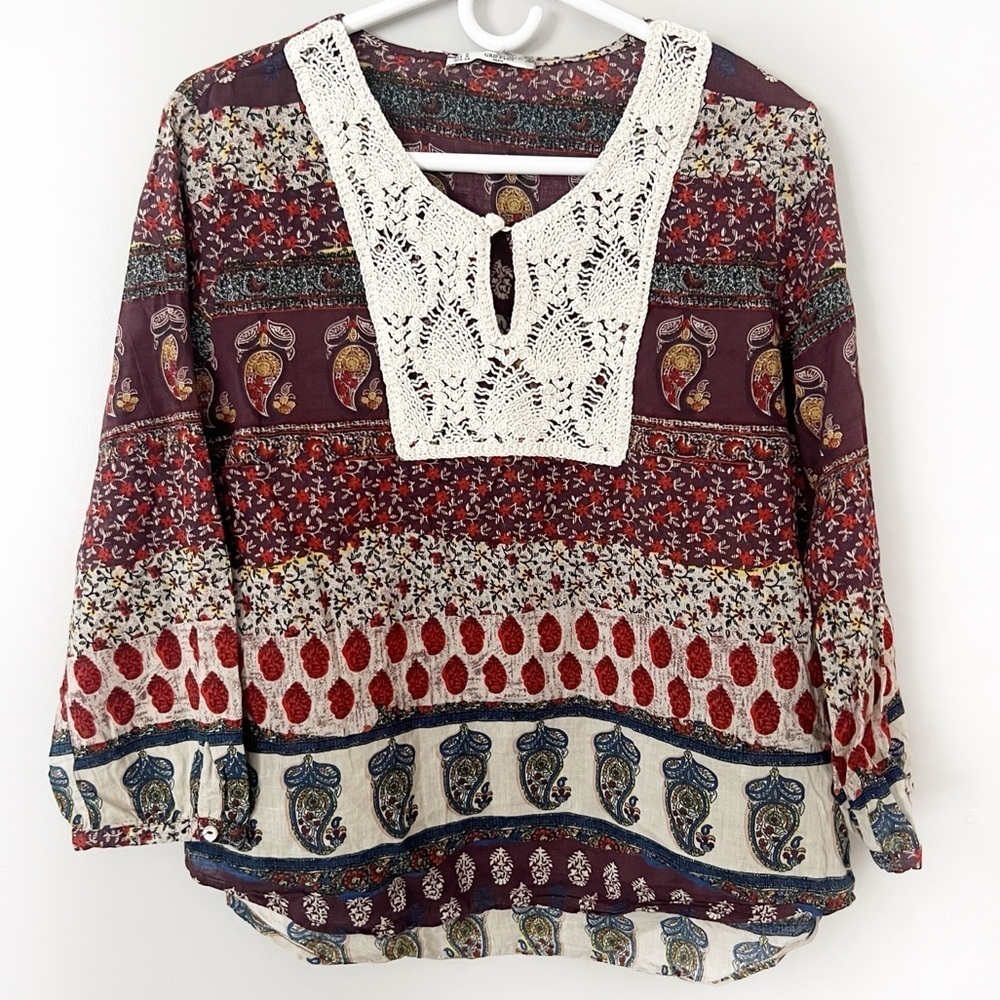 Grifflin Paris Boho Crochet Top Medium Patchwork Paisley Floral Peasant Festival
